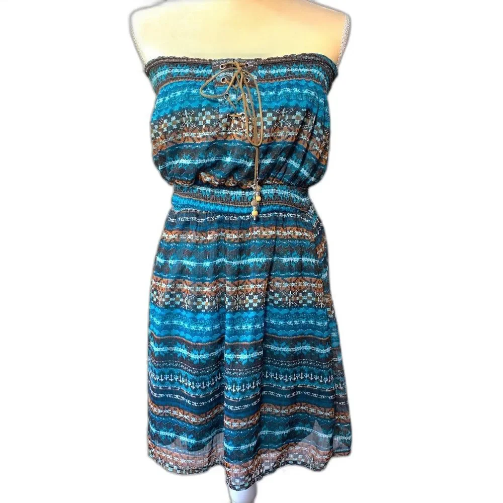 Ya Los Angeles‎ Silk like Strapless Dress Medium Blue Boho Smocked Mini